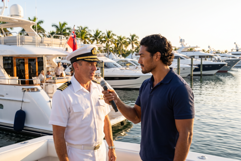 Alex Marlow interviewing a yacht captain on a superyacht deck