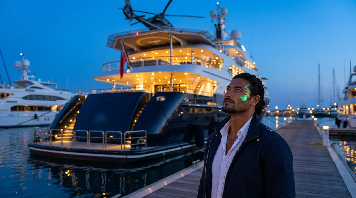 Alex Marlow on a marina pier at dusk beside a large superyacht