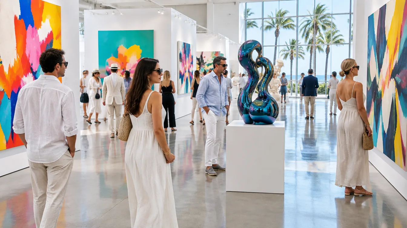 Illustration of collectors browsing a bright contemporary art fair hall in Miami Beach