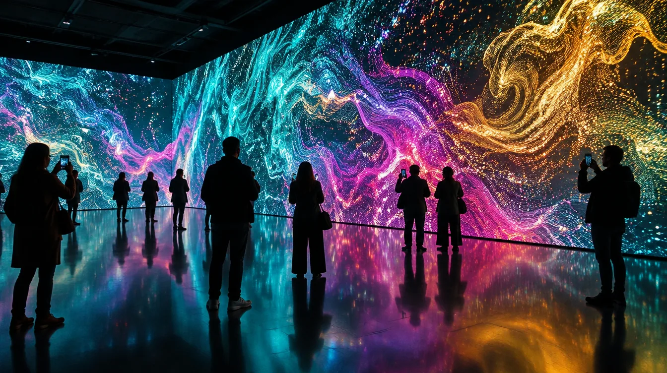 Illustration of visitors in front of an immersive wall of digital art screens