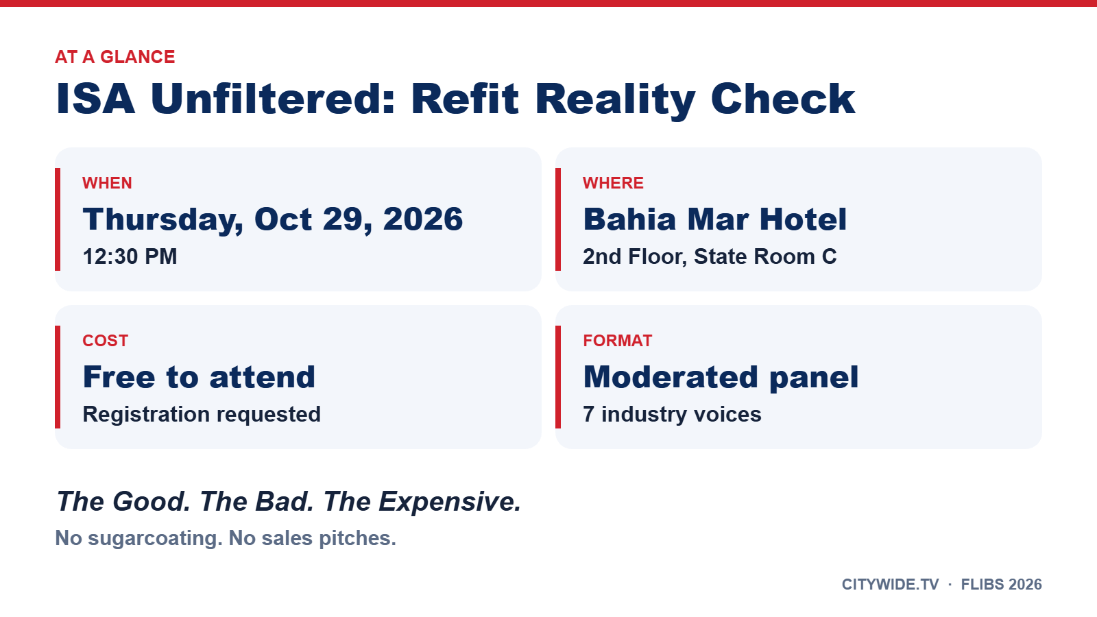 At a glance: ISA Unfiltered Refit Reality Check, Thursday October 29 2026, 12:30 PM, Bahia Mar Hotel 2nd Floor State Room C, free to attend