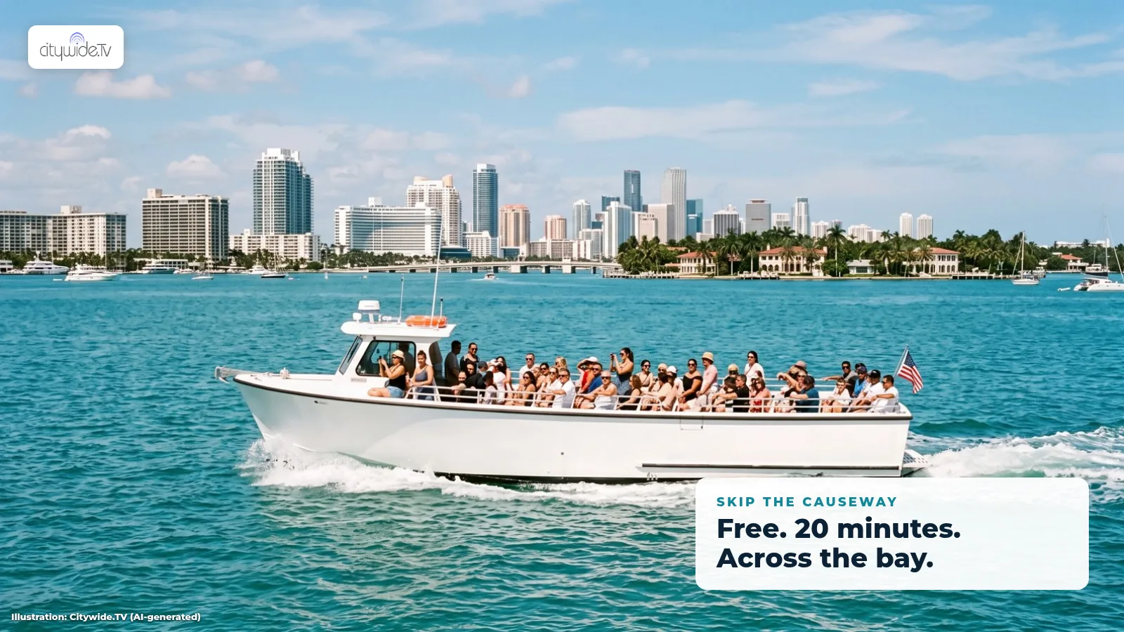 Illustration of a white passenger water taxi crossing turquoise Biscayne Bay with the Miami skyline behind