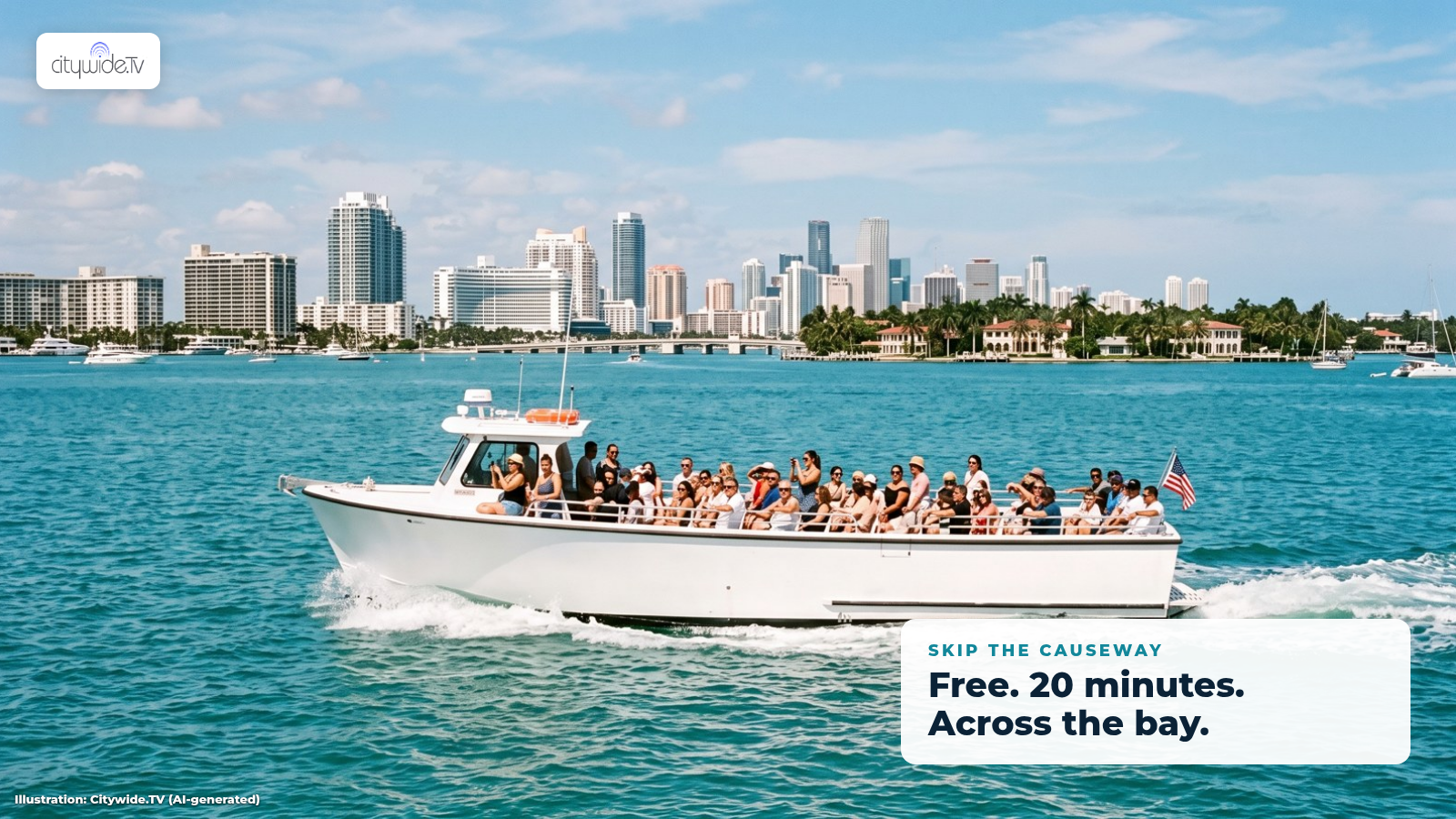 Illustration of a white passenger water taxi crossing turquoise Biscayne Bay with the Miami skyline behind