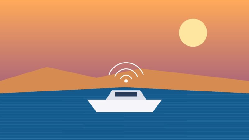 Illustration of a connected boat sending a wireless signal on the water in front of desert hills at sunset