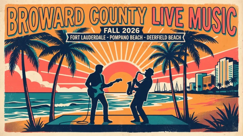 Fort Lauderdale, Pompano Beach and Deerfield Beach live music calendar — retro screen-print poster with band silhouettes, palm trees and a sunset over the Atlantic