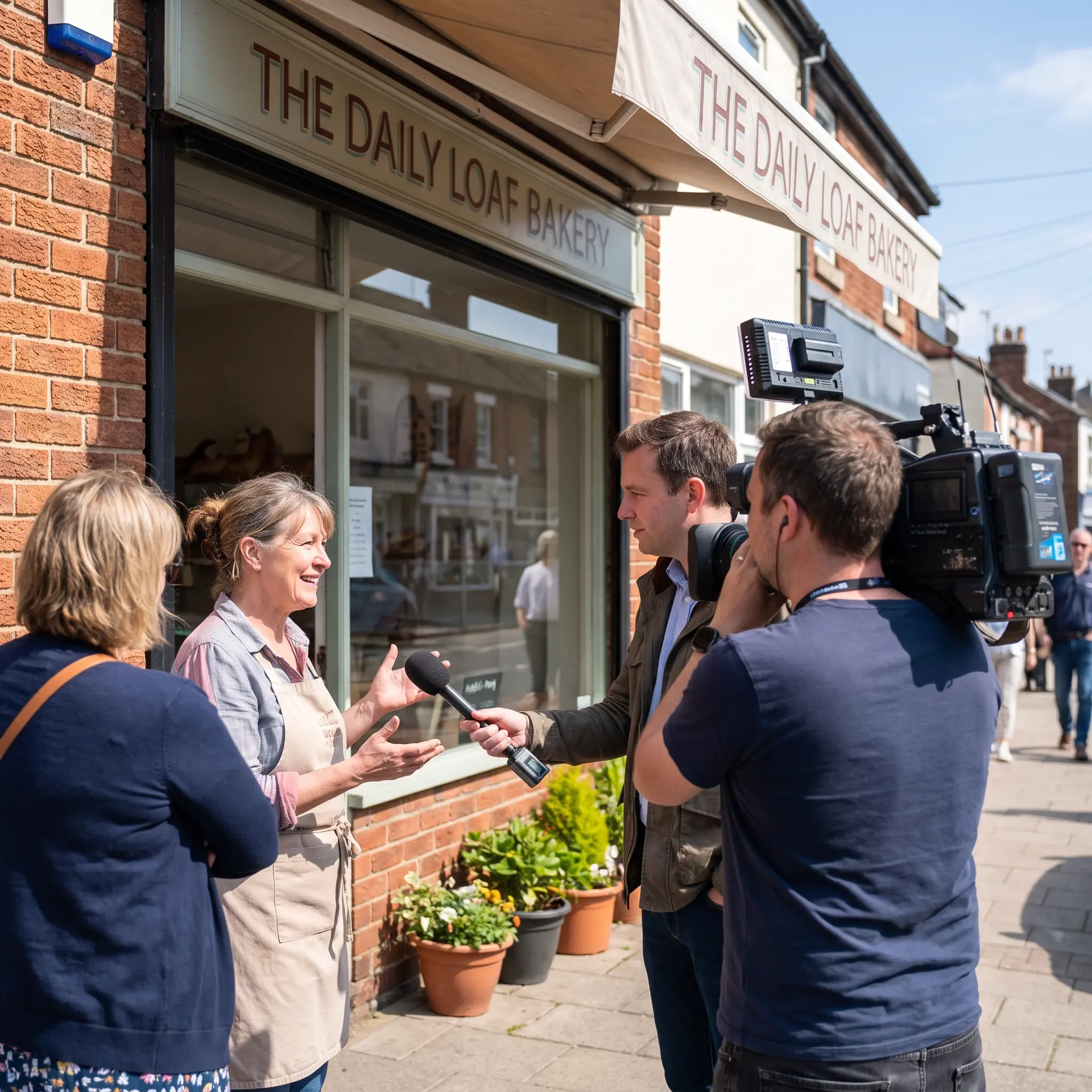 Confident local business owner being genuinely featured on camera by a community news crew