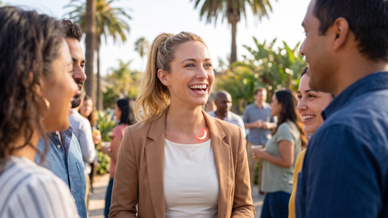 Carrie, Citywide.TV's AI-generated community host, laughing with people at an outdoor meetup under palm trees