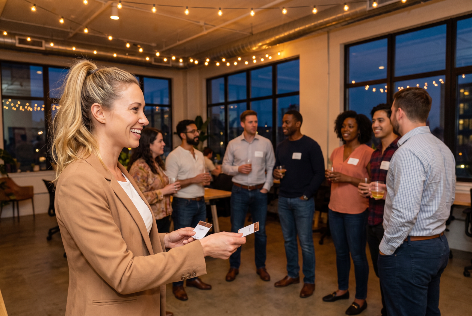Carrie Coolen, Citywide.TV's AI-generated community host, welcoming people at an evening meetup