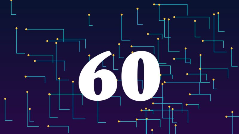 Illustration of the number 60 over glowing circuit traces, marking CES's 60th anniversary