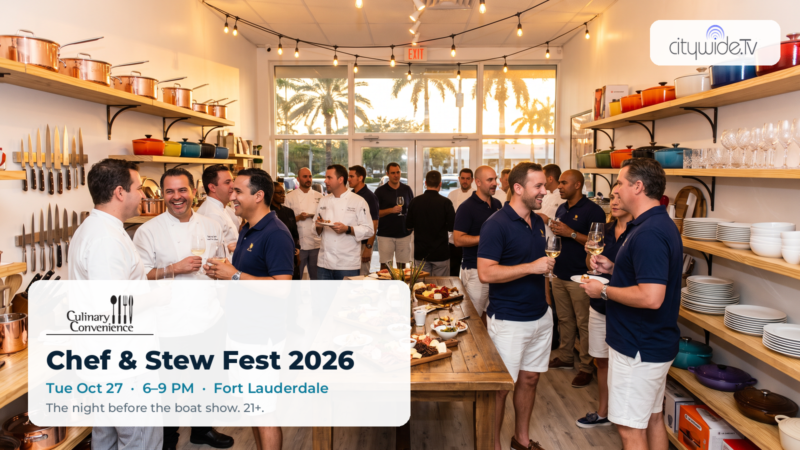 Yacht chefs and stews mingling with wine at a chef supply store, with the Culinary Convenience logo and Chef & Stew Fest 2026, Tue Oct 27, 6–9 PM