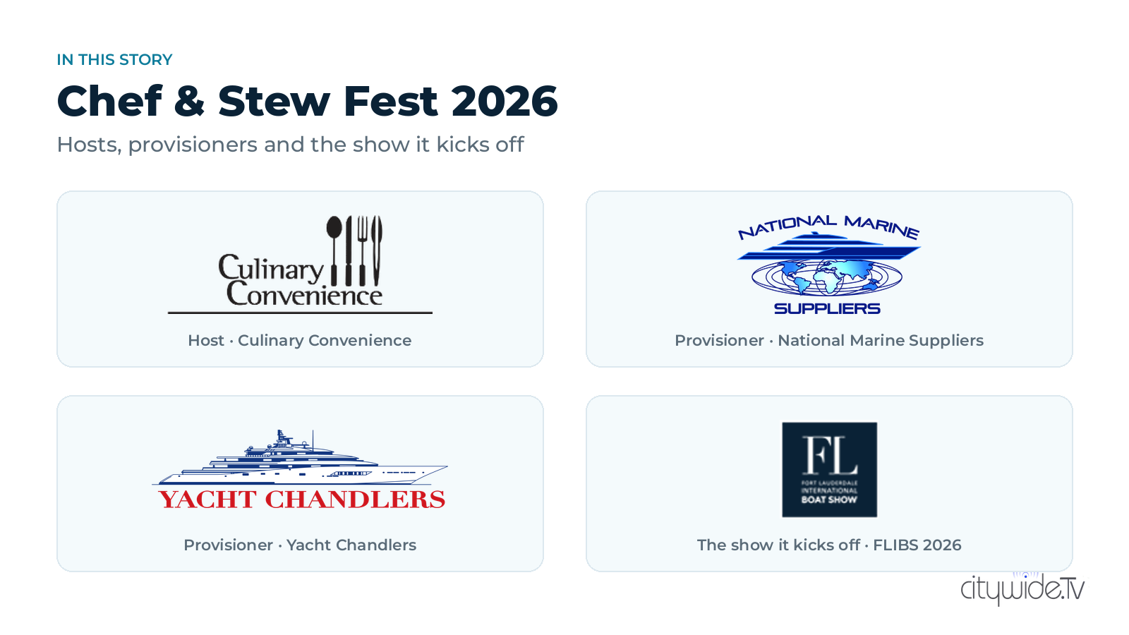 Logos of Culinary Convenience, National Marine Suppliers, Yacht Chandlers and the Fort Lauderdale International Boat Show