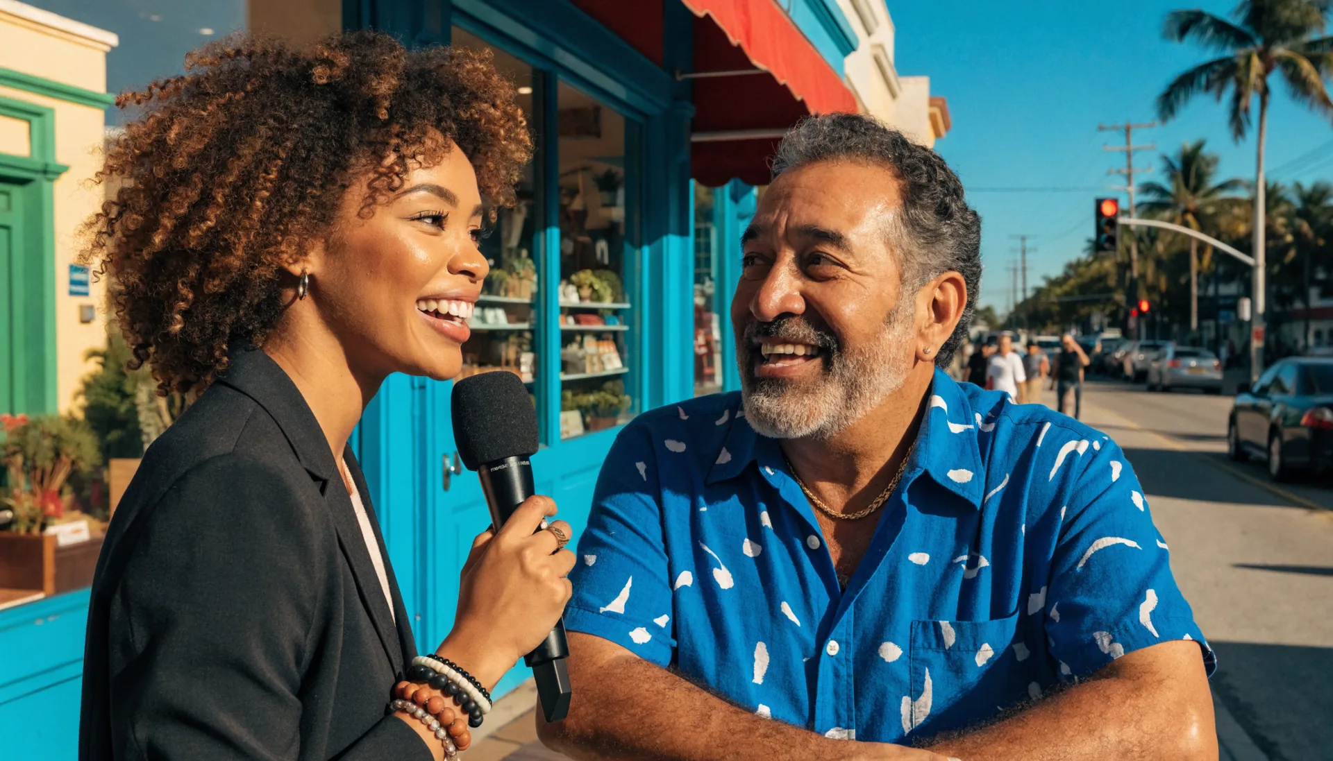 A cheerful TV reporter interviewing a smiling small business owner outside a colorful South Florida storefront