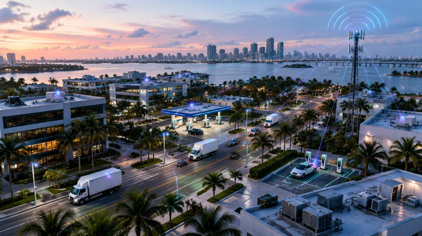 Illustration of IoT devices across a South Florida business district linked by cellular signals to a cell tower