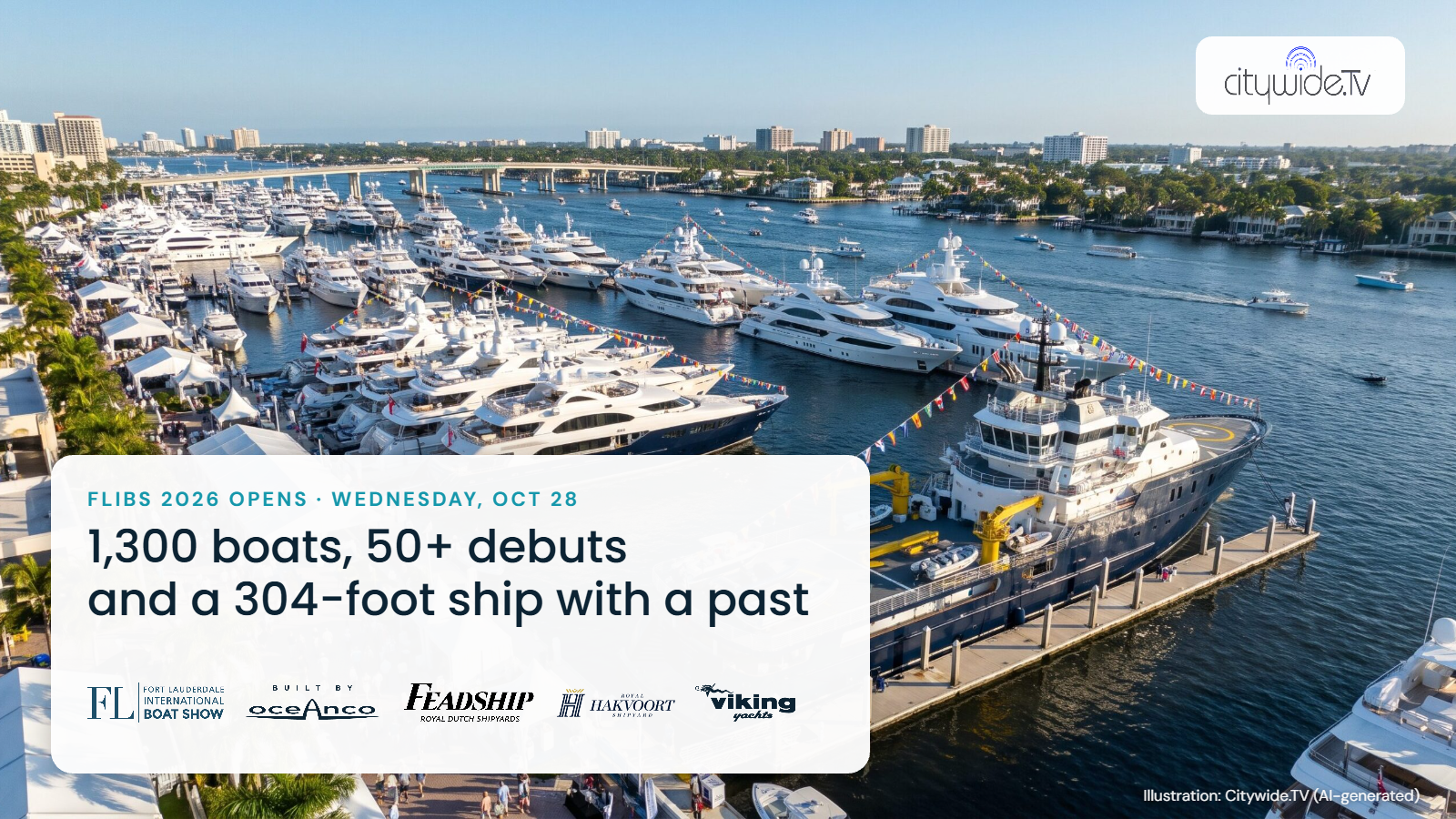 Superyachts lined up at the Fort Lauderdale boat show with a card reading 1,300 boats, 50+ debuts and a 304-foot ship with a past, plus logos of FLIBS, Oceanco, Feadship, Royal Hakvoort and Viking