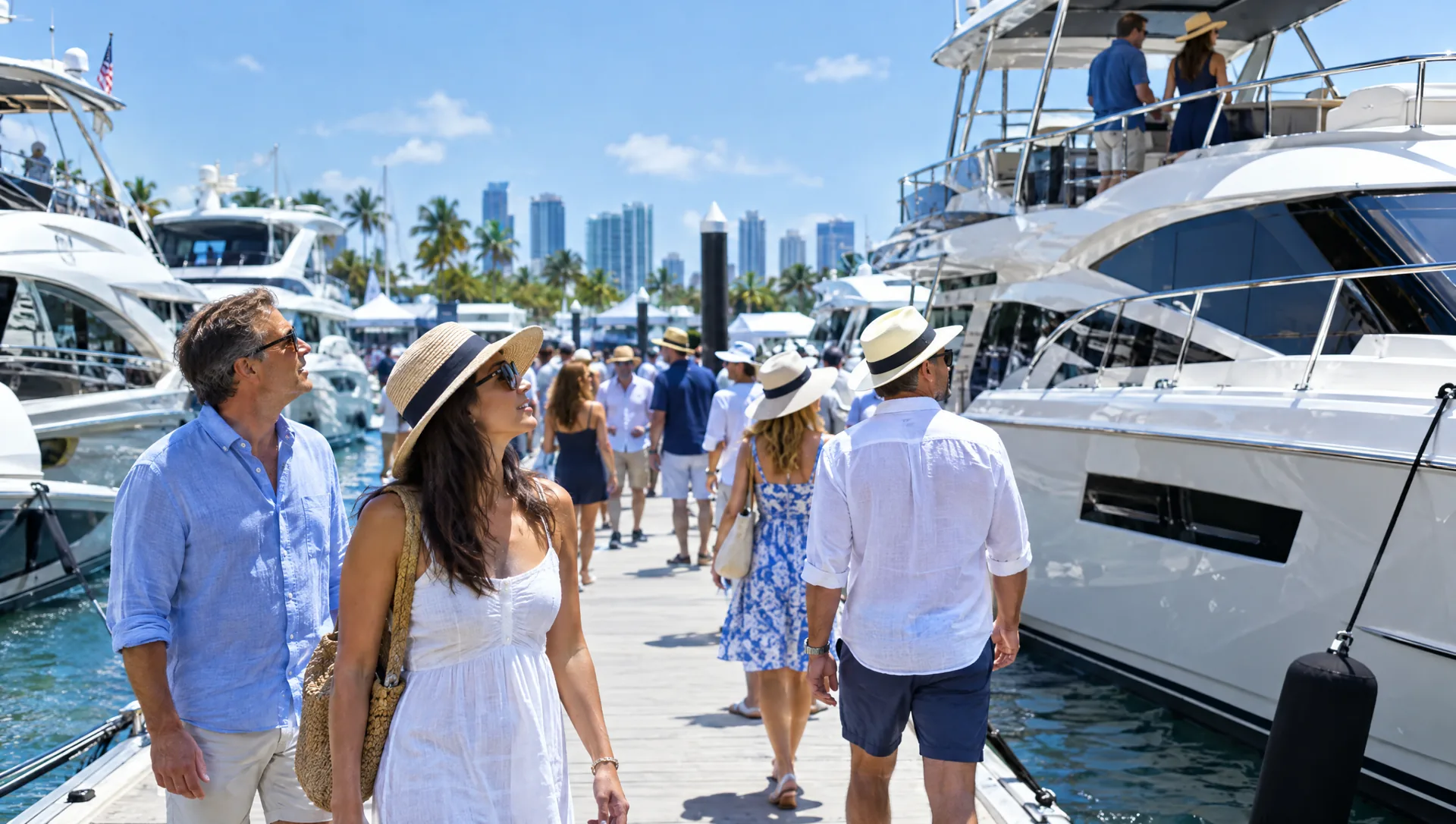 Boat show visitors in sun hats and sunglasses walking a floating dock between moored motor yachts on a bright afternoon