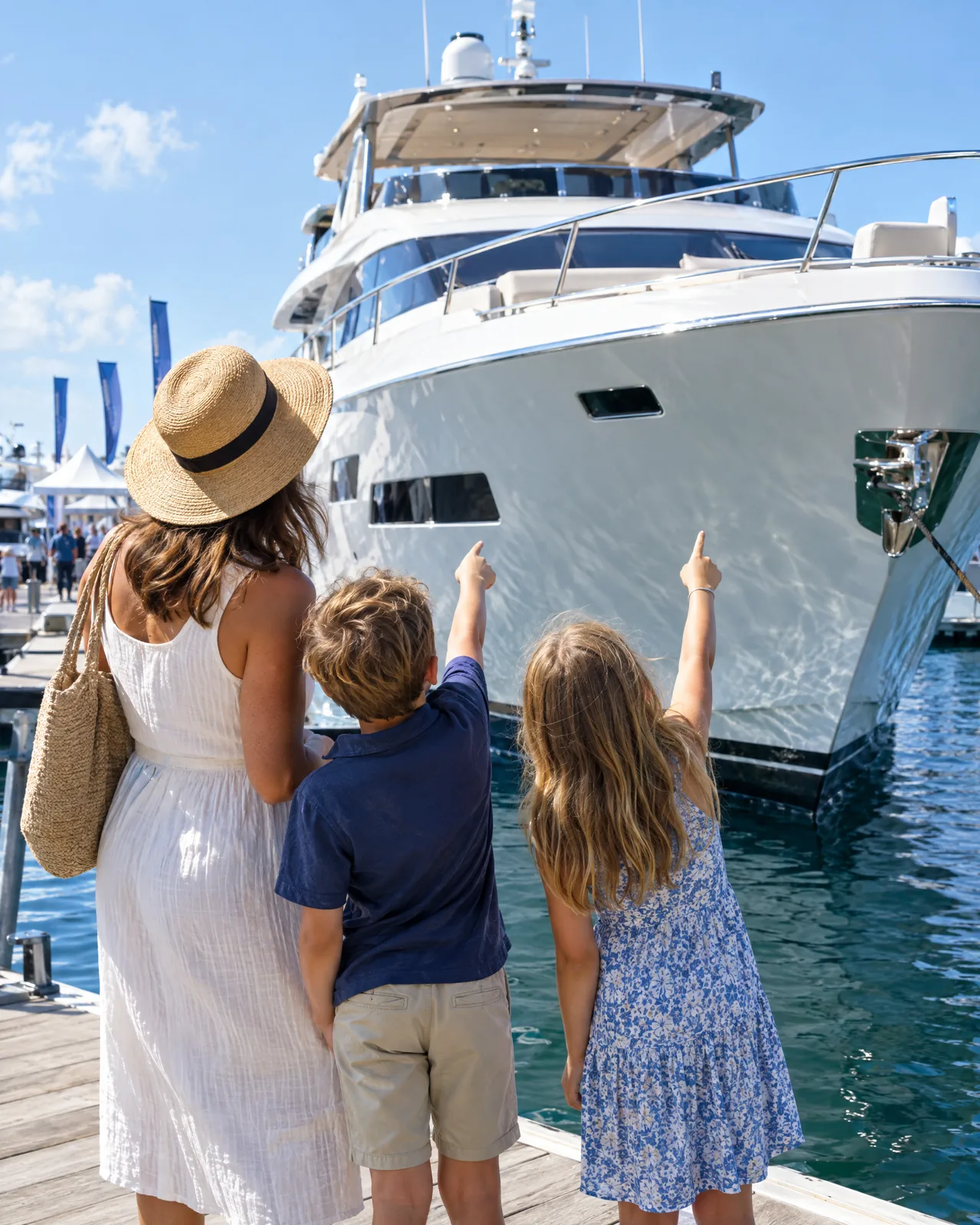 A parent and two children standing at the edge of a dock pointing up at a large white motor yacht on a sunny afternoon