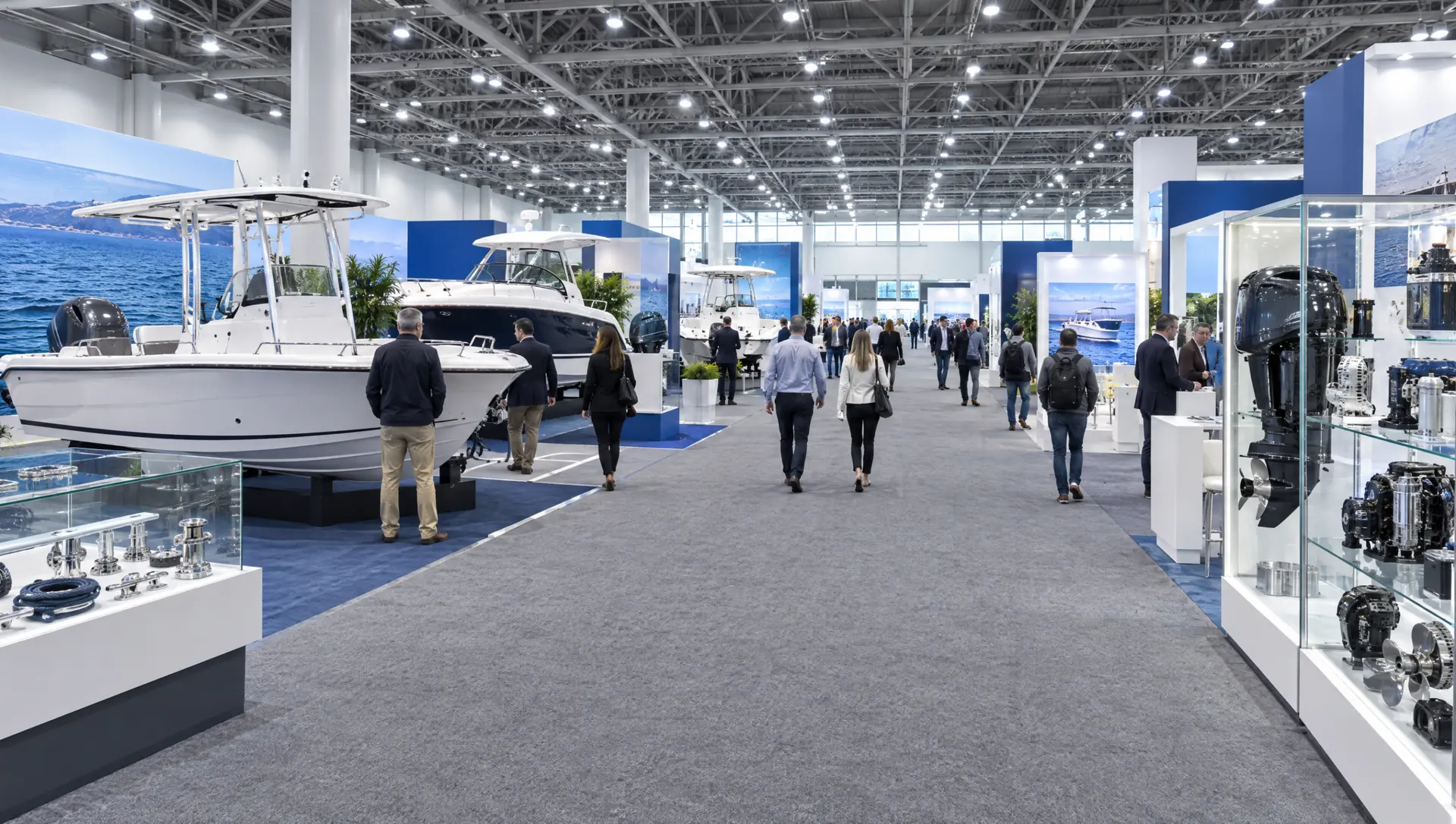 Wide interior of a large marine trade show exhibition hall with boats on stands, glass display cases and visitors walking the aisles