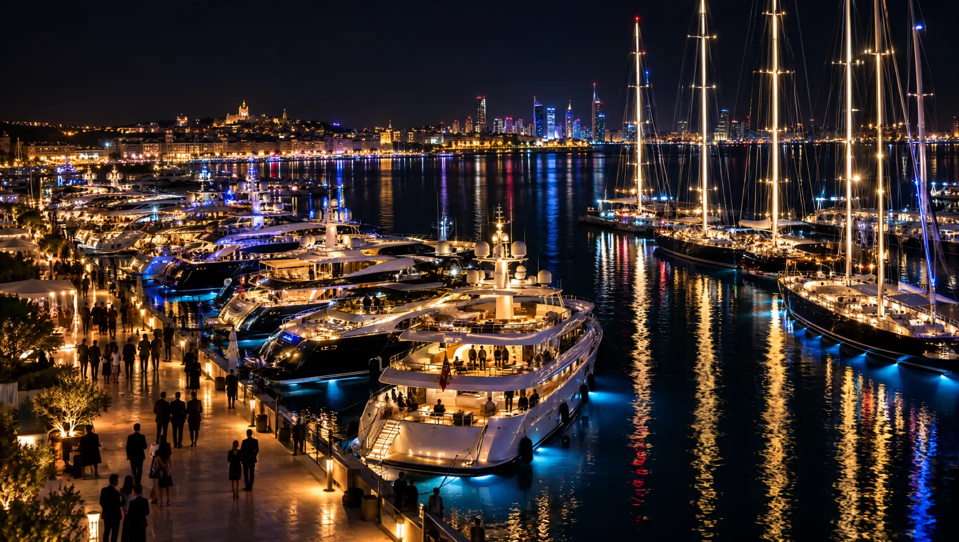 Rows of illuminated yachts reflecting on black water with warm dock lighting and a glowing city skyline behind