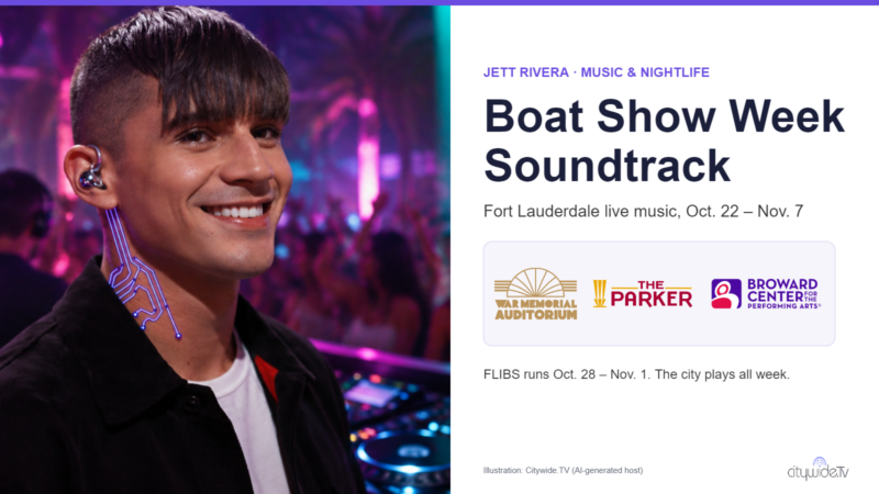 Jett Rivera, Citywide.TV's AI-generated music host, at a club DJ booth beside the title Boat Show Week Soundtrack and logos of War Memorial Auditorium, The Parker and Broward Center