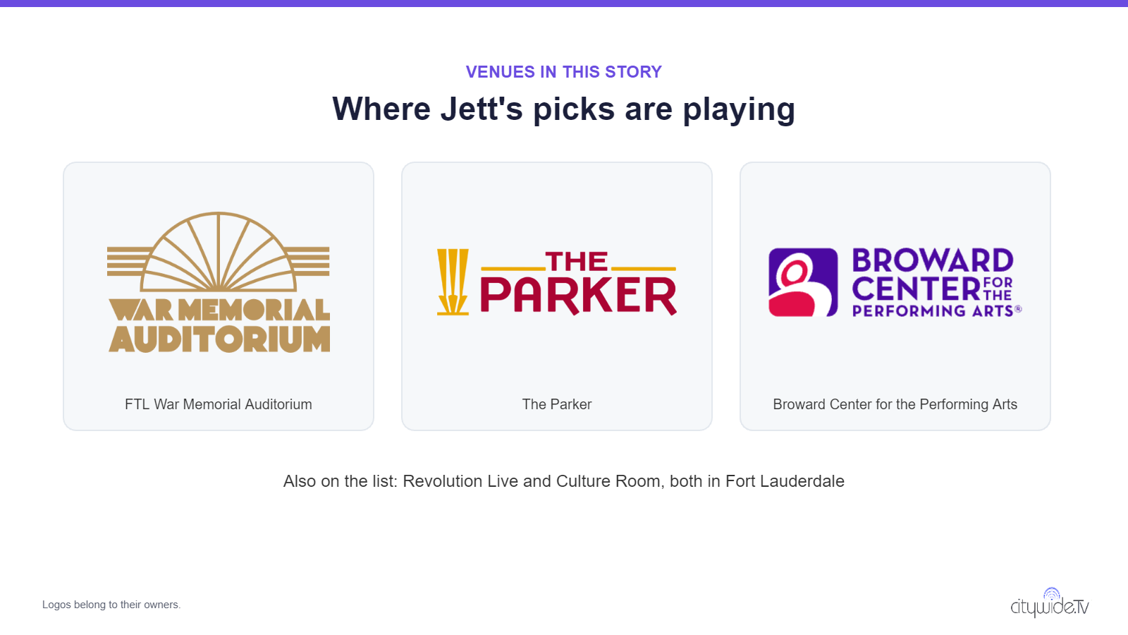 Logo card with FTL War Memorial Auditorium, The Parker and Broward Center for the Performing Arts logos