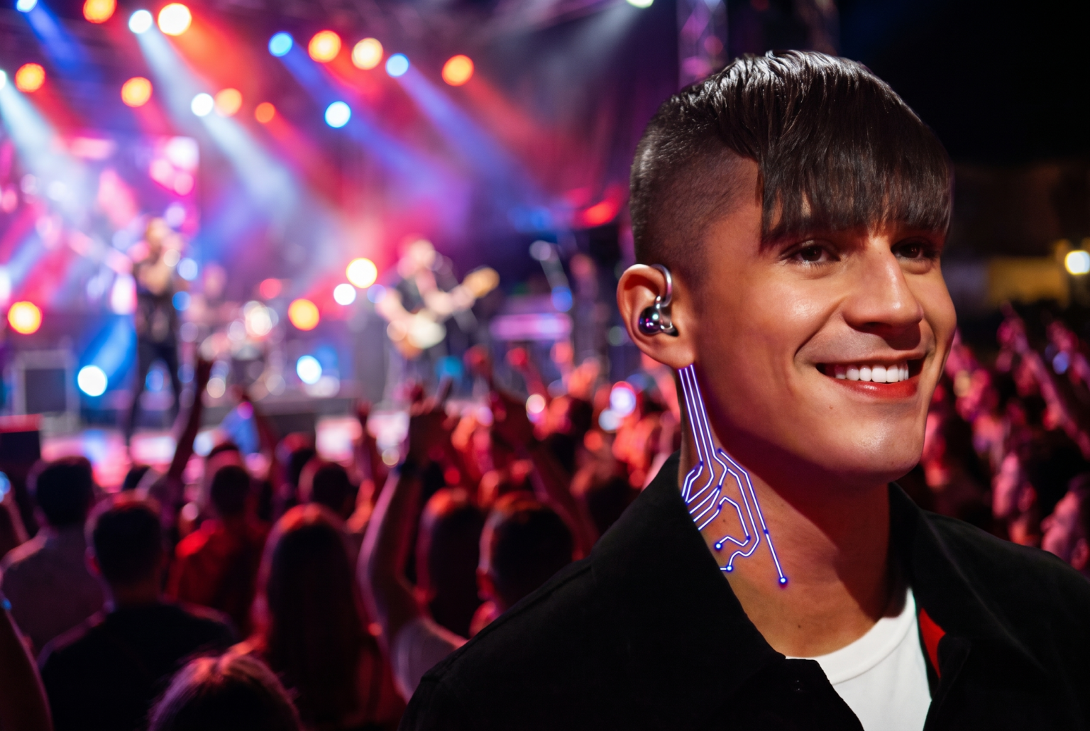 Jett Rivera, Citywide.TV's AI-generated music host, cheering side stage at an outdoor concert at night