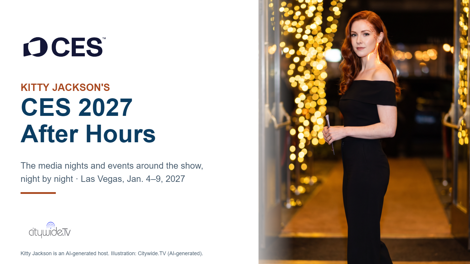 Kitty Jackson, Citywide.TV's AI-generated news and events host, beside the CES logo and the words CES 2027 After Hours