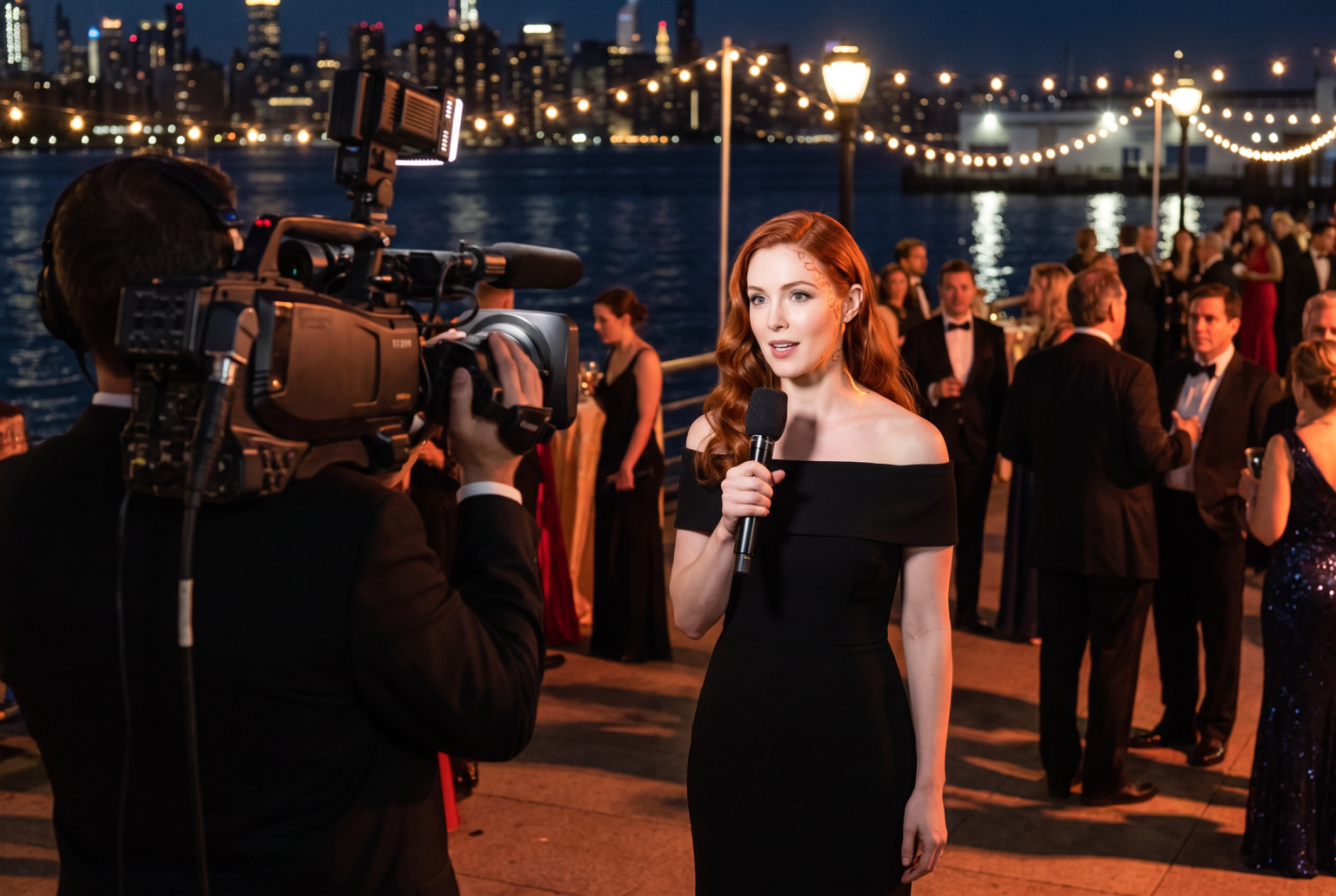 Kitty Jackson, Citywide.TV's AI-generated news and events host, reporting live at a waterfront gala at night