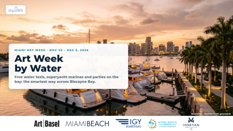 Superyachts moored at a Biscayne Bay marina at sunset with the Miami skyline, a white title card reading Art Week by Water, and logos of Art Basel, City of Miami Beach, IGY Marinas, Miami Beach Marina and Venetian Marina