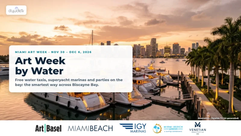 Superyachts moored at a Biscayne Bay marina at sunset with the Miami skyline, a white title card reading Art Week by Water, and logos of Art Basel, City of Miami Beach, IGY Marinas, Miami Beach Marina and Venetian Marina