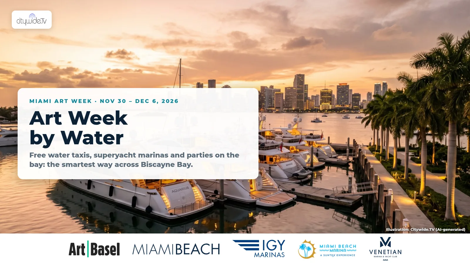 Superyachts moored at a Biscayne Bay marina at sunset with the Miami skyline, a white title card reading Art Week by Water, and logos of Art Basel, City of Miami Beach, IGY Marinas, Miami Beach Marina and Venetian Marina