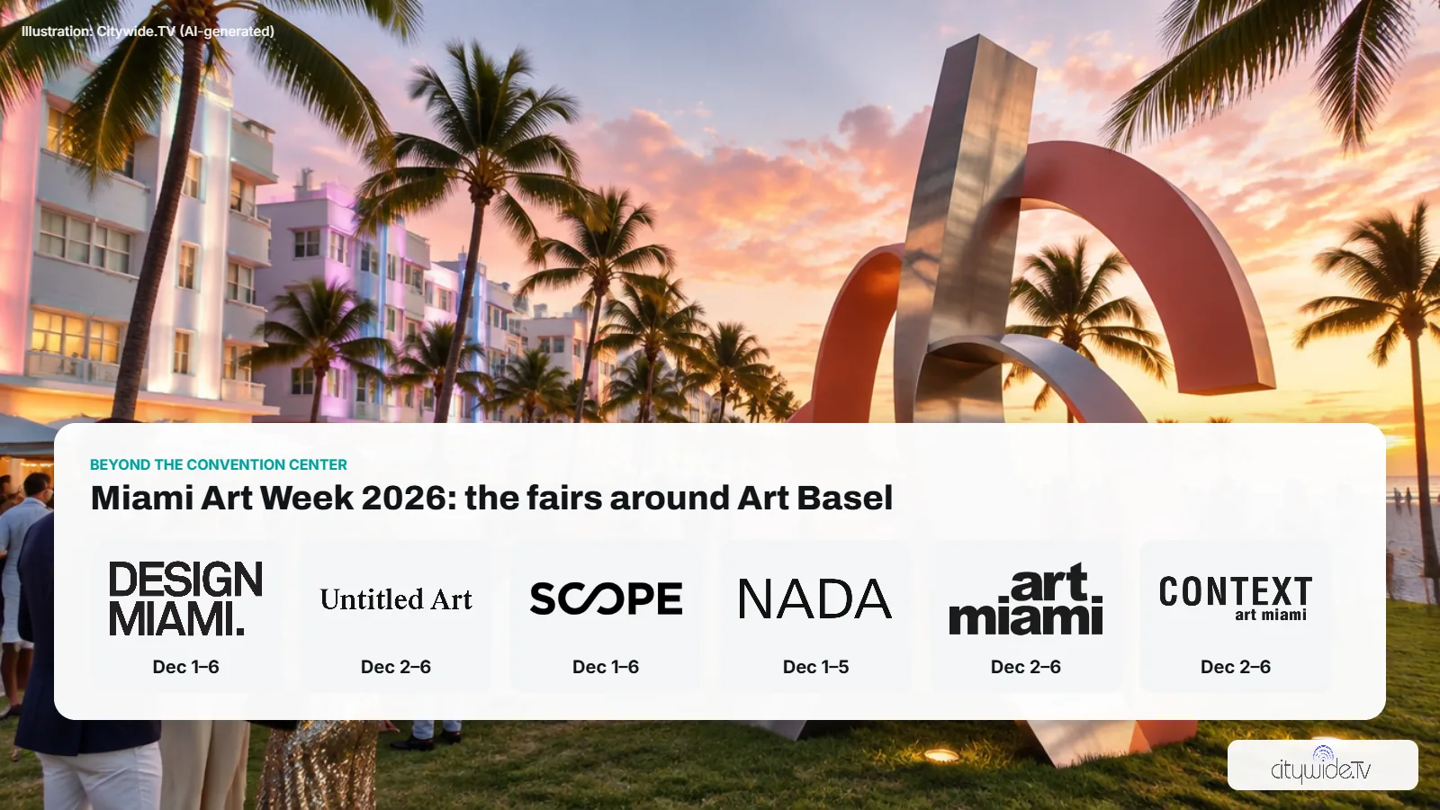 Logos and dates of Miami Art Week 2026 fairs Design Miami, Untitled Art, SCOPE, NADA, Art Miami and CONTEXT over an Ocean Drive scene