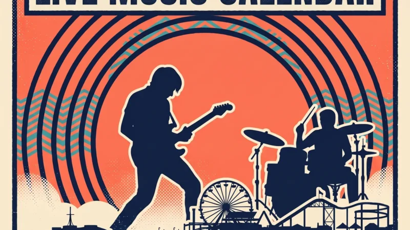 Ocean City Maryland / Berlin Live Music Calendar — retro screen-print poster with guitarist silhouette against a sunset over the ocean