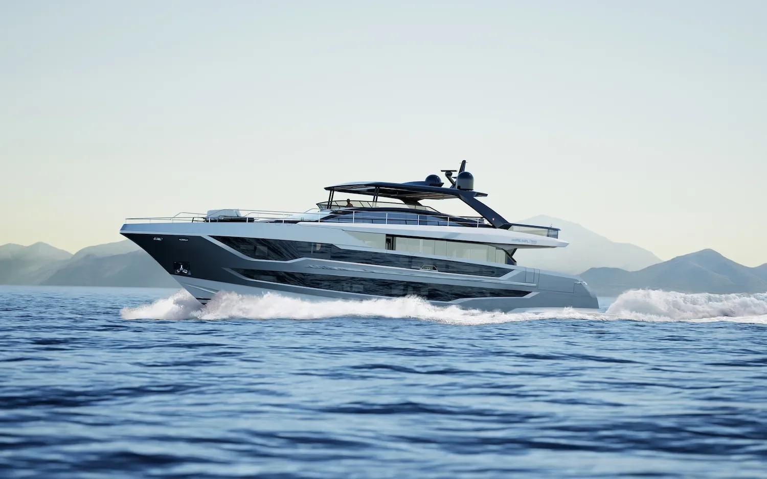 Pearl 100 Hybrid motor yacht running at sea