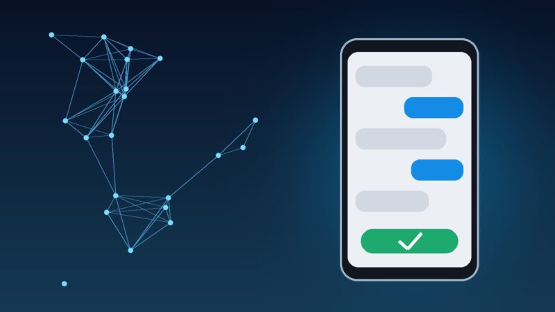 Illustration of a phone showing a chat with an AI agent and an approve button, beside a network of connected nodes