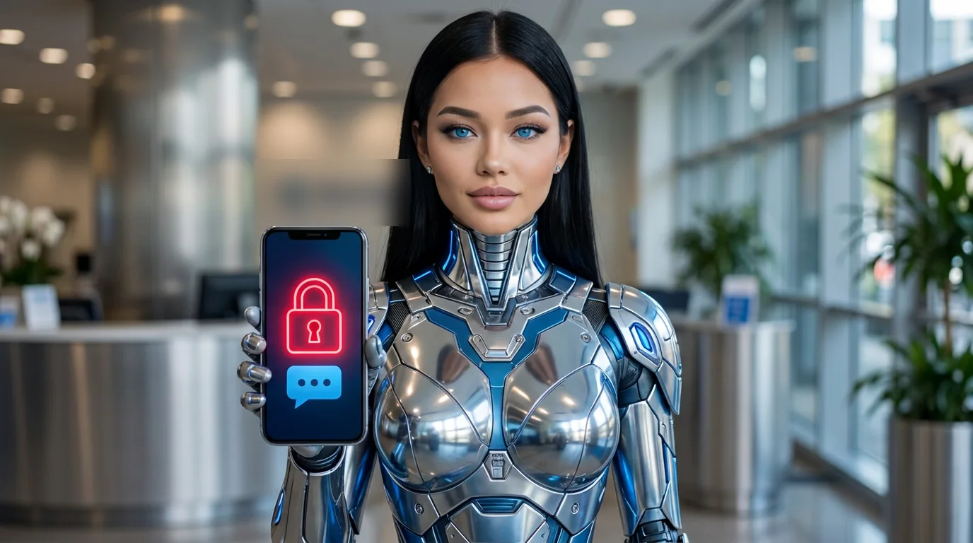 Rachel holds a phone showing a red padlock over a chat icon