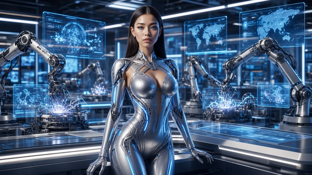 Rachel, Citywide.TV's AI-generated cyborg host with blue eyes, in a robotics lab