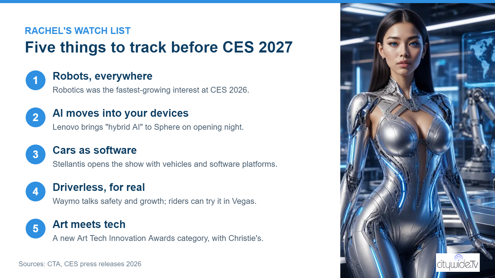 Rachel's watch list: robots everywhere, AI moves into devices, cars as software, driverless rides, and art meets tech