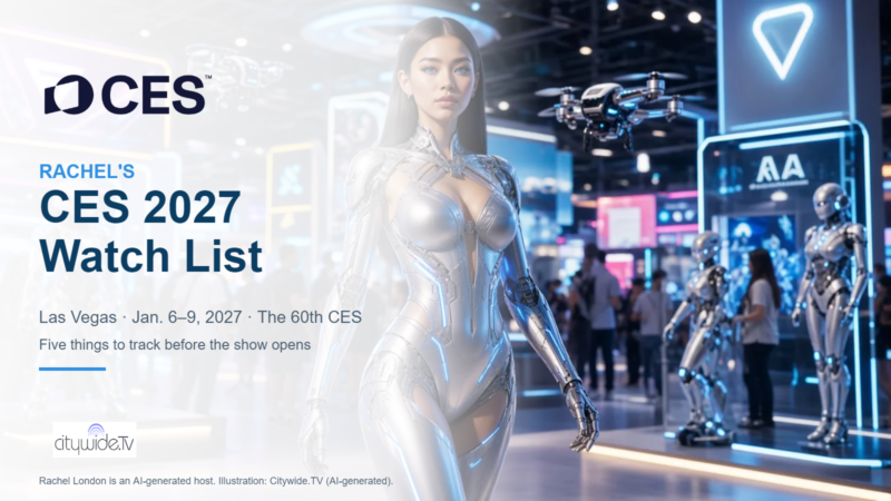 Rachel London, Citywide.TV's AI-generated tech host, on a CES-style show floor next to the CES logo and the words Rachel's CES 2027 Watch List