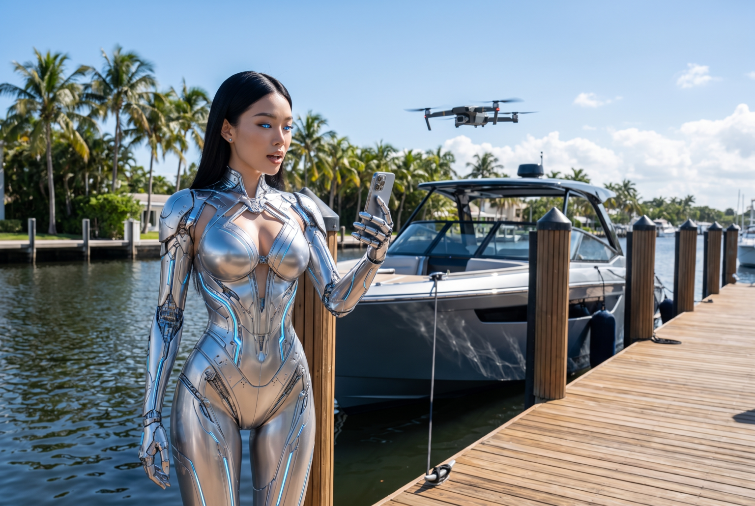 Rachel London, Citywide.TV's AI-generated tech host, filming a report on a Fort Lauderdale marina dock with a drone over an electric boat