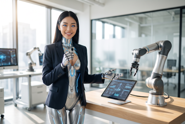 Rachel London testing a robot arm at a startup demo table