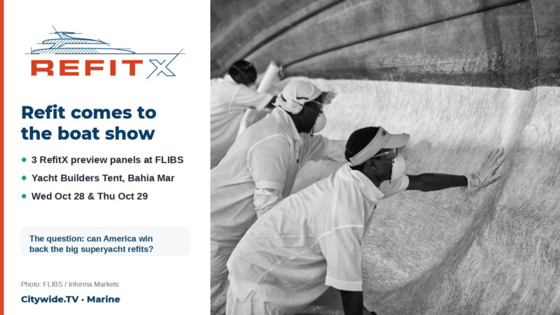 RefitX logo beside a photo of yacht refit workers laying up fiberglass inside a hull, with the text Refit comes to the boat show