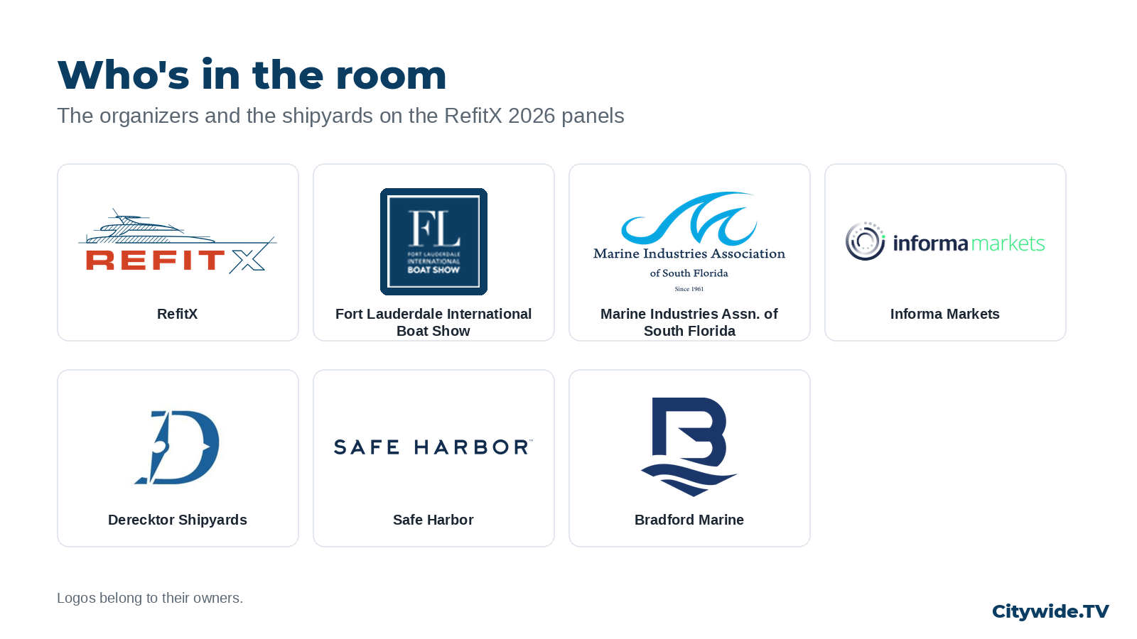 Logo card with RefitX, FLIBS, MIASF, Informa Markets, Derecktor Shipyards, Safe Harbor and Bradford Marine