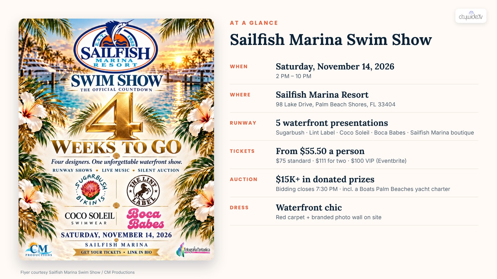 Sailfish Marina Swim Show at a glance: Saturday November 14 2026, 2 to 10 PM, Sailfish Marina Resort, tickets from $55.50, $15K+ silent auction