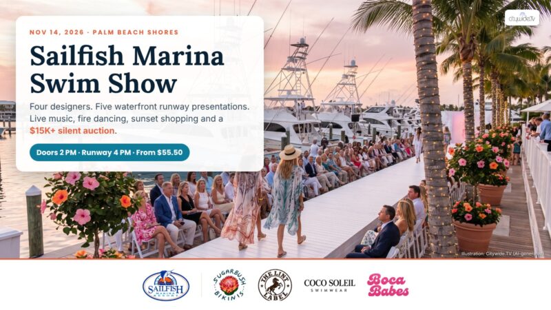 Sailfish Marina Swim Show November 14, 2026 waterfront runway at sunset in Palm Beach Shores with logos of Sailfish Marina Resort, Sugarbush Bikinis, The Lint Label, Coco Soleil and Boca Babes