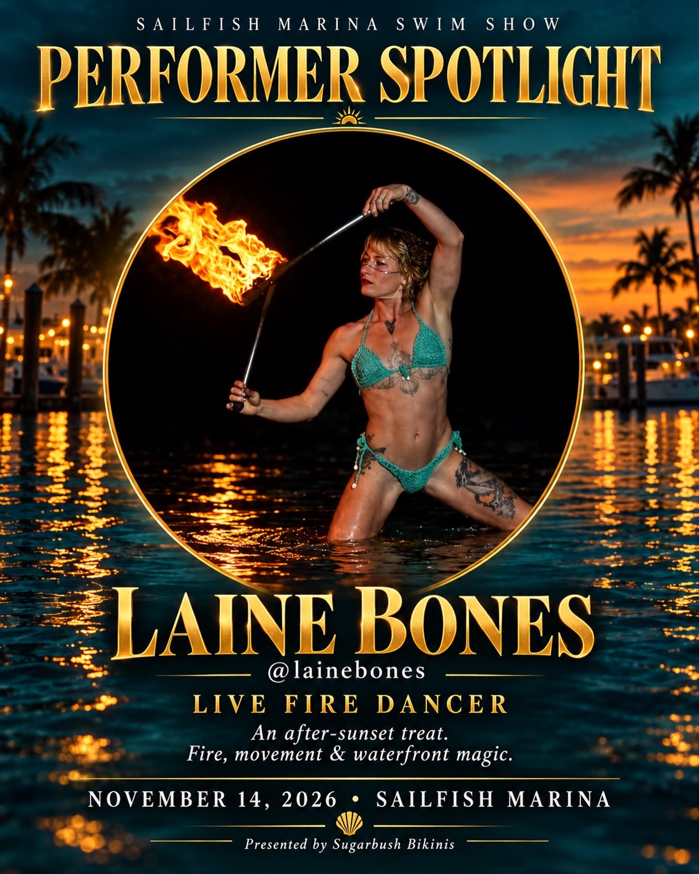 Laine Bones live fire dancer at the Sailfish Marina Swim Show