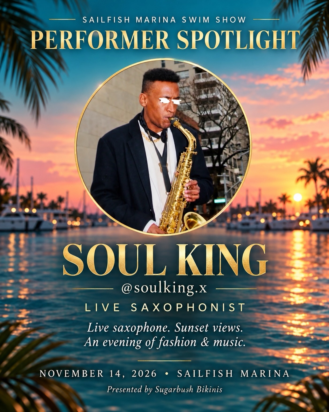 Soul King live saxophonist at the Sailfish Marina Swim Show