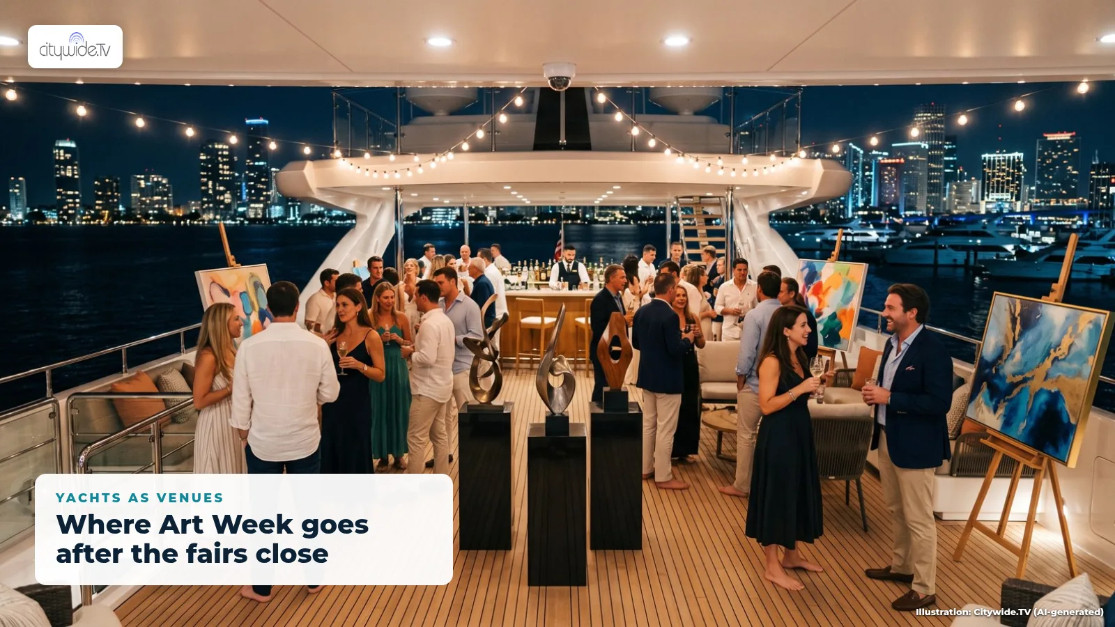 Illustration of an evening art reception on a superyacht aft deck with sculptures, canvases and guests, Miami skyline at night behind