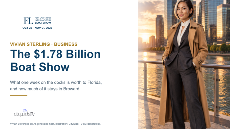 Vivian Sterling, Citywide.TV's AI business host, with the Fort Lauderdale International Boat Show logo and the headline $1.78 billion Florida economic impact
