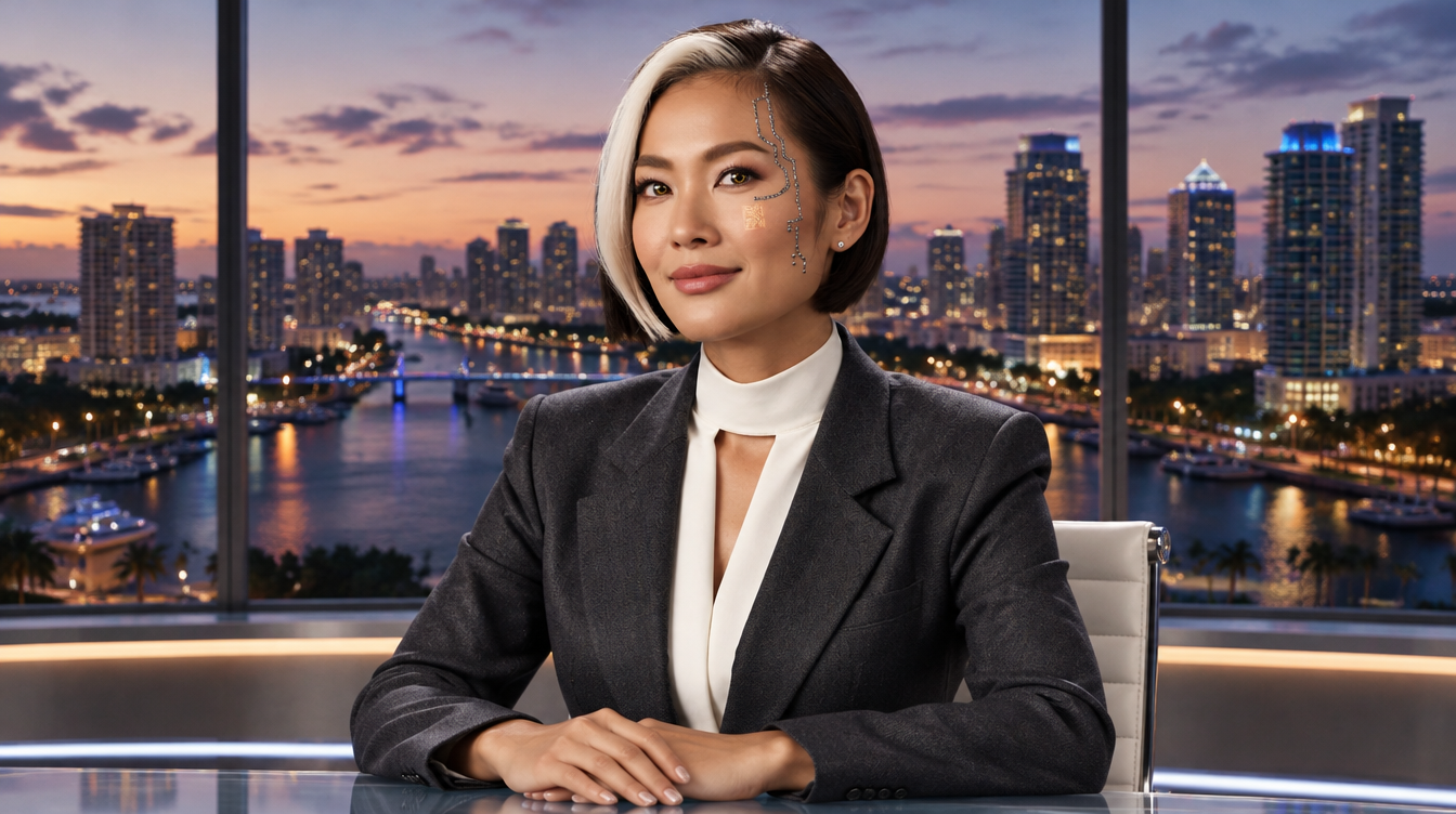 Vivian Sterling at the anchor desk with the city skyline behind her