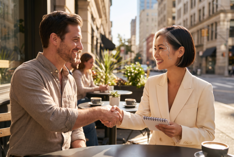 Vivian Sterling shaking hands with a cafe owner during an interview